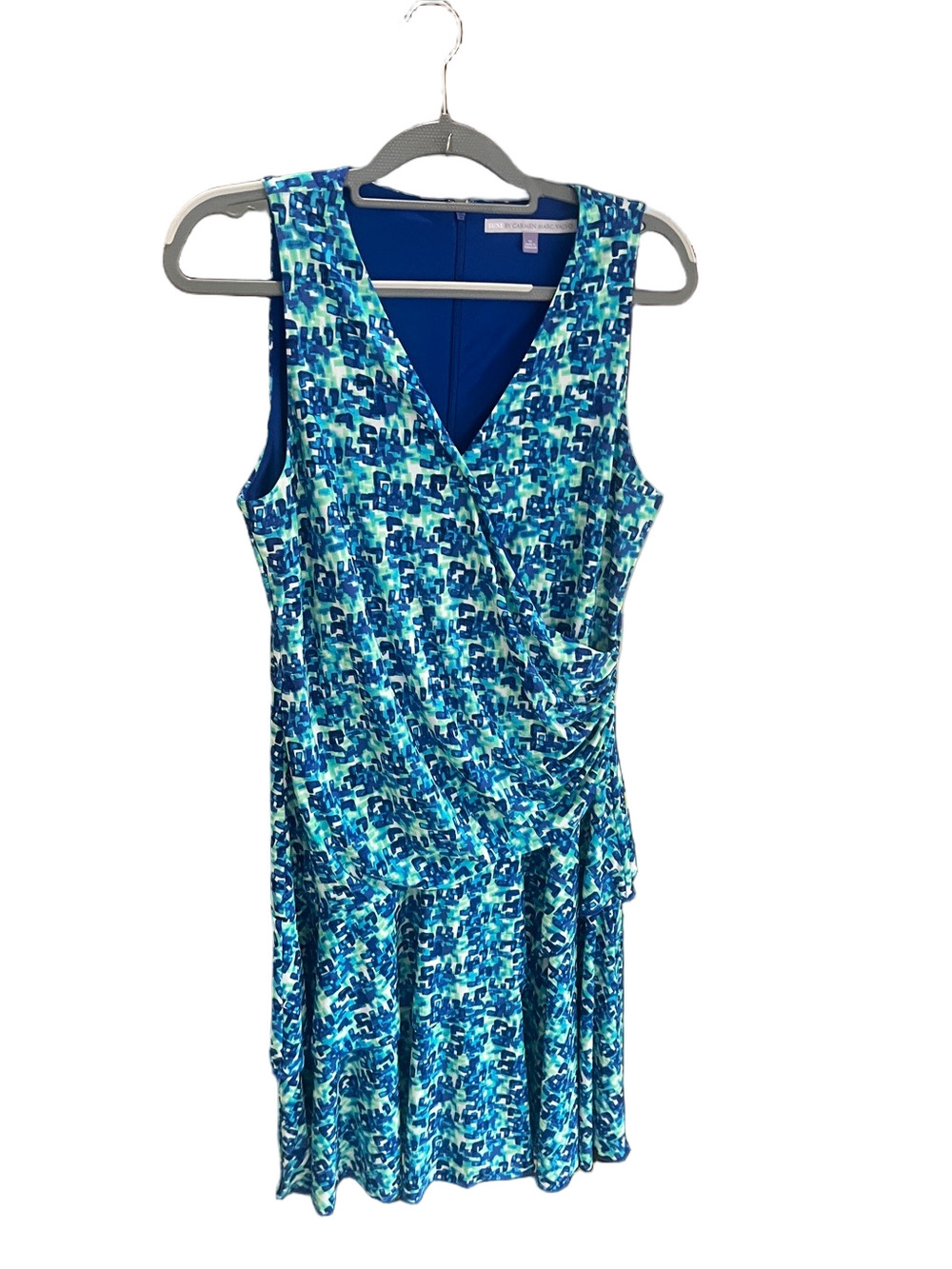 Luxe by Carmen Marc Valvo Sleeveless Blue & Green Patterned Wrap Ruffled Dress